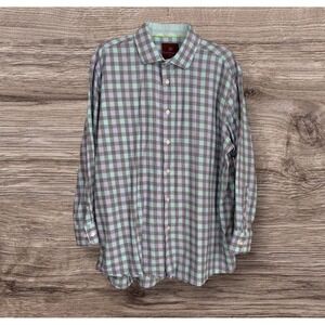 Tattersall plaid flannel shirt Men's 17.5X32 Button down Blue Gray Casual Friday